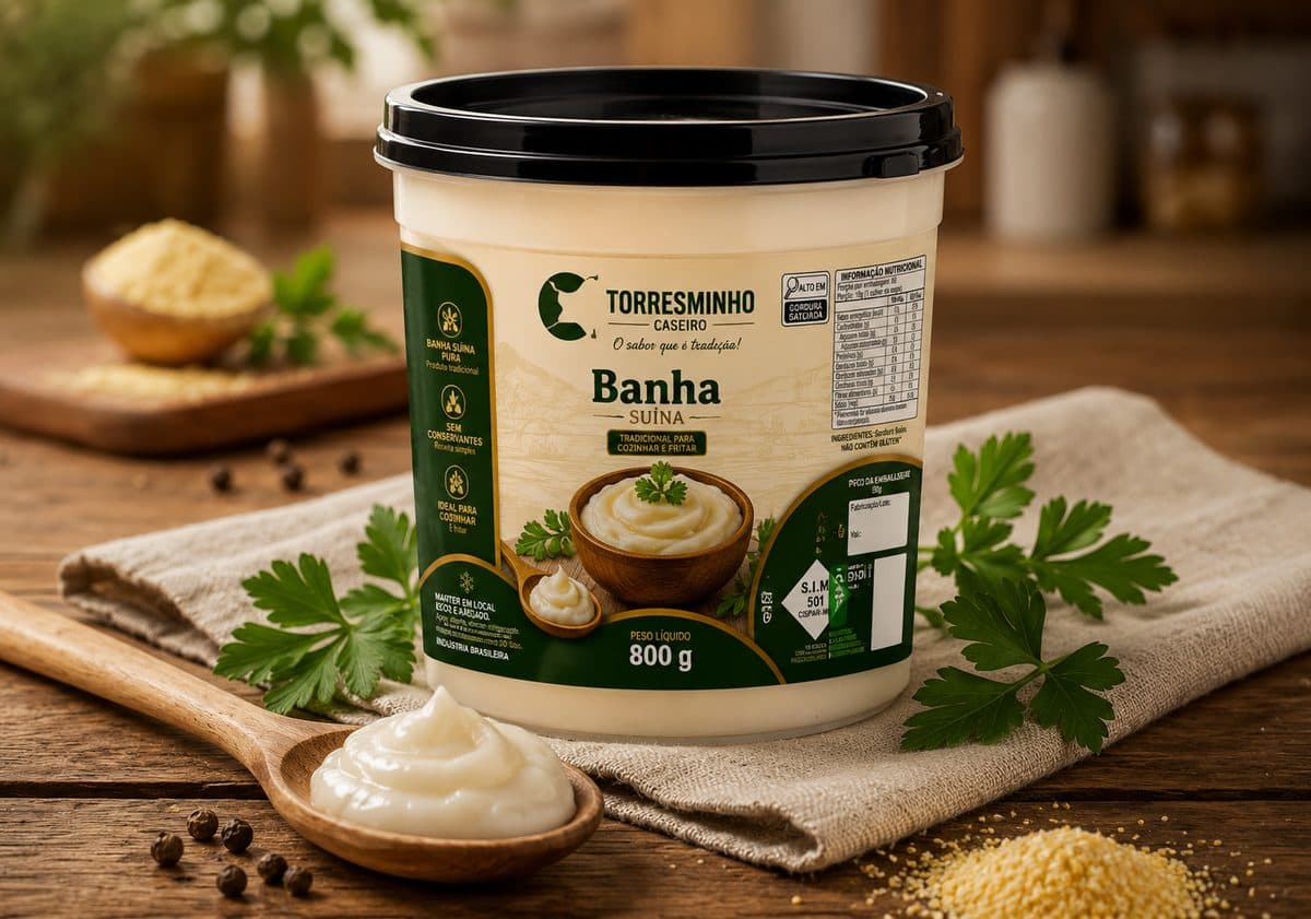 Pote de banha suína Torresminho Caseiro de 800 g sobre mesa de madeira