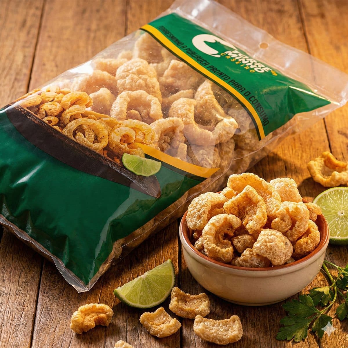 Pacote de pururuca Torresminho Caseiro ao lado de tigela com o produto