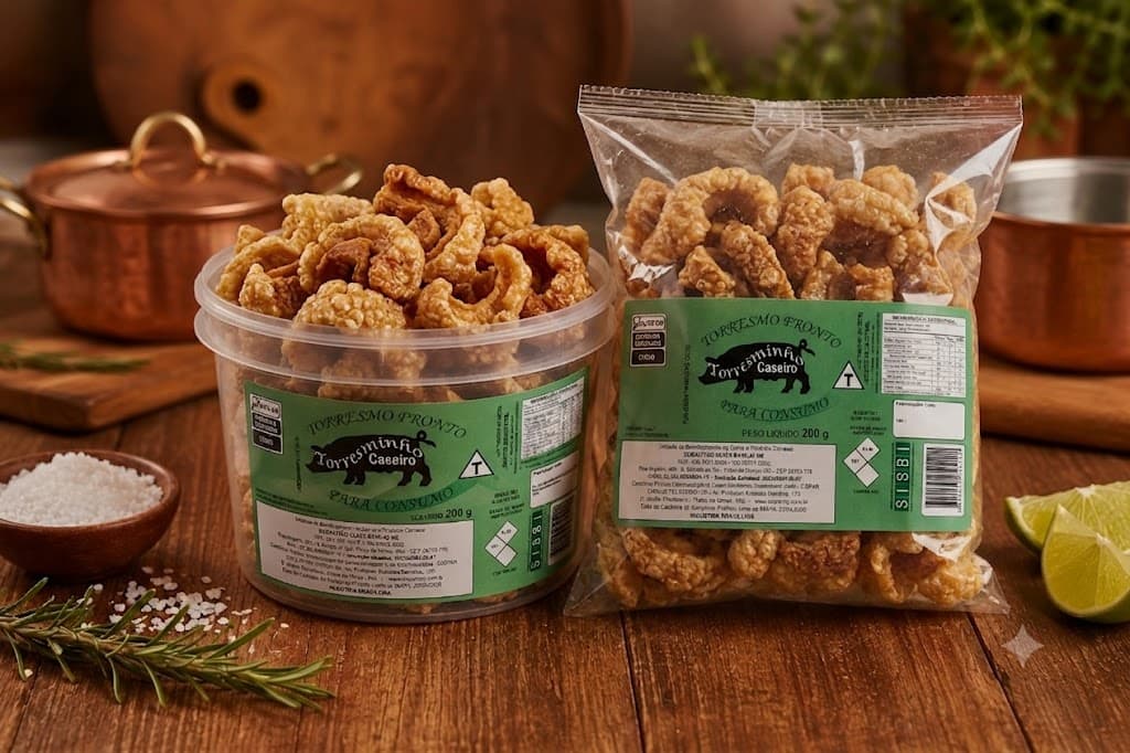 Torresmo pronto Torresminho Caseiro de 200 g, em pote e em saquinho